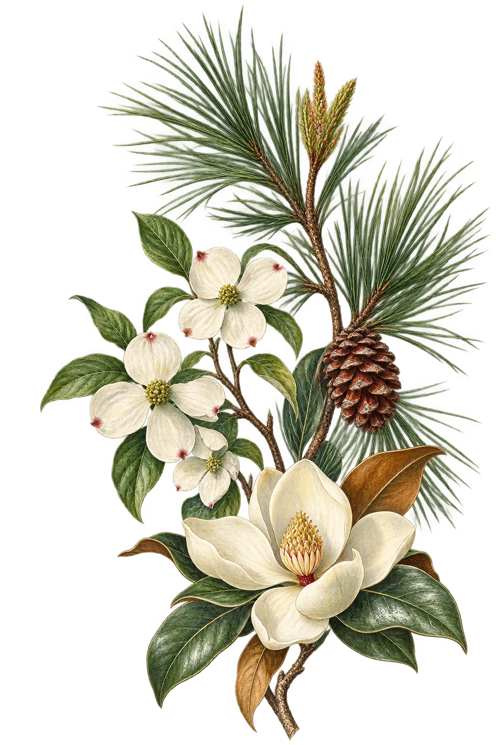 Hand-colored study of pine, dogwood blossoms and magnolia on antique paper